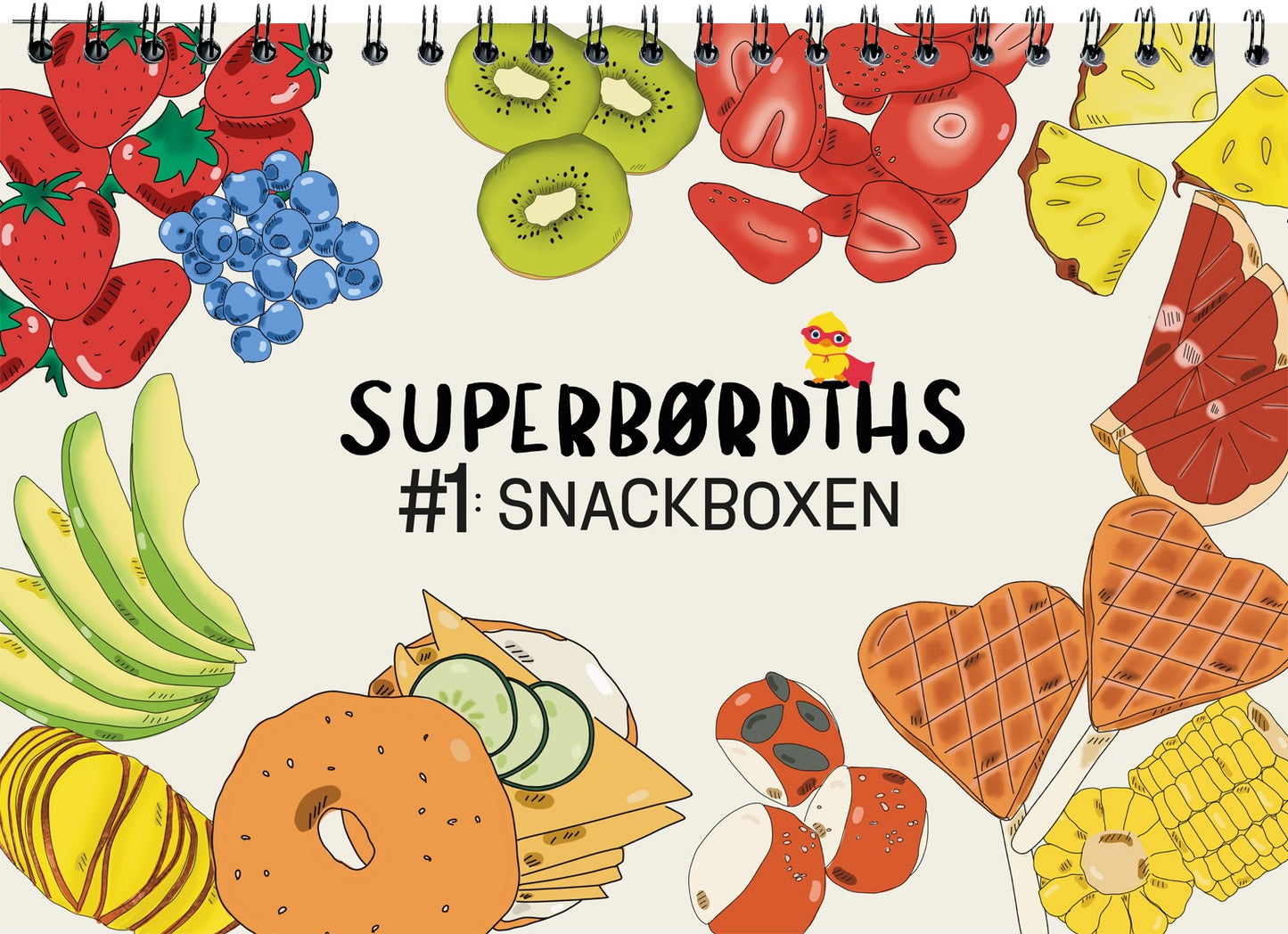 SUPERBØRDTHS Snackboxen Mitmachbuch – Cover mit Obst- und Snackillustrationen
