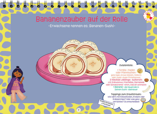 Rezeptseite mit illustriertem Bananenzauber auf der Rolle – einfache Schritt-für-Schritt-Anleitung für Kinder