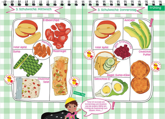  Doppelseite im Mitmachbuch: Snackbox-Zutaten und Kombinationen für Kinder