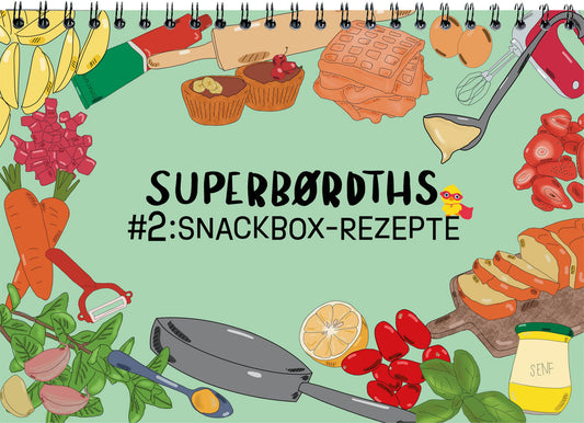 Cover des Mitmach-Kochbuchs „SUPERBØRDTHS #2: SNACKBOX-REZEPTE“ mit gezeichneten Zutaten und Küchenutensilien für Kinder