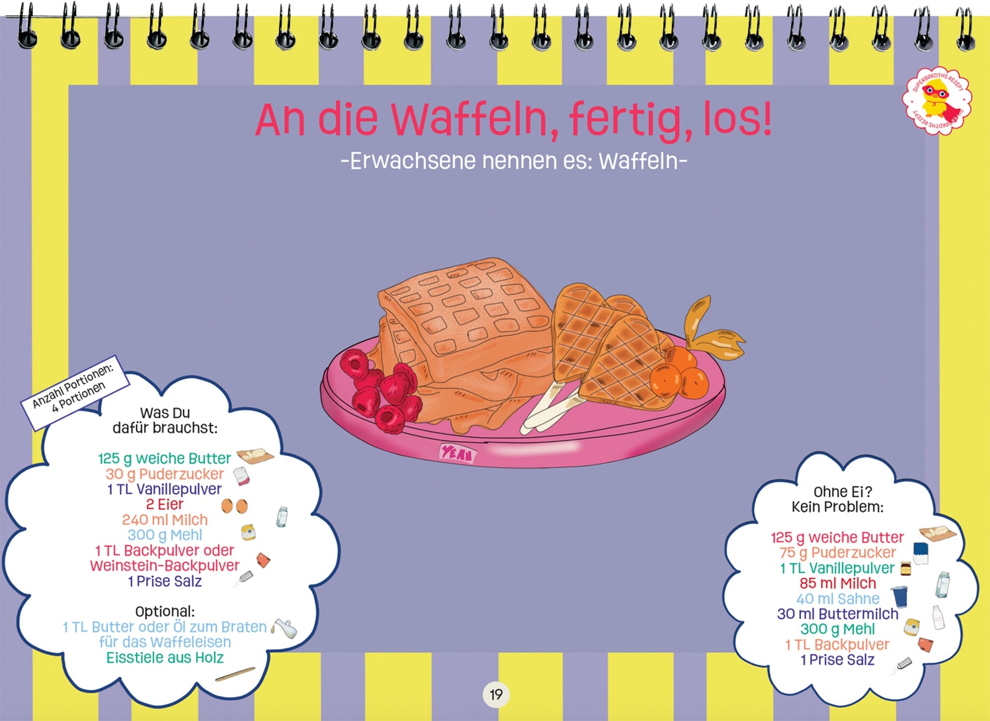 Rezeptidee „An die Waffeln, fertig, los!“ mit süßen und herzhaften Zutaten – liebevoll gestaltet für Kinder